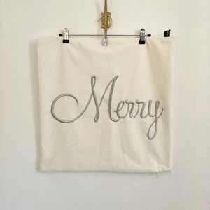 ‘Merry’ Christmas Holiday Velvet Pillow Cover Silver and White, 20”x20”